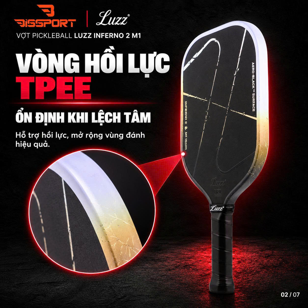 Vợt Pickleball LUZZ Inferno2 M1 Chính Hãng - 16mm - Lõi Foam MPP2 - Đánh Công Mạnh - Xoáy Tốt - Bền Bỉ - Ổn Định